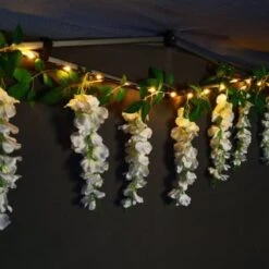 Solar Powered 180cm Artificial Leaf Garland With Wisteria Flowers - Warm White