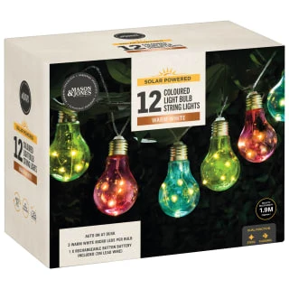 Solar Powered 12 Coloured Light Bulb String LED Lights - Warm White 2 Solar Powered 12 Coloured Light Bulb String LED Lights - Warm White - Image 2